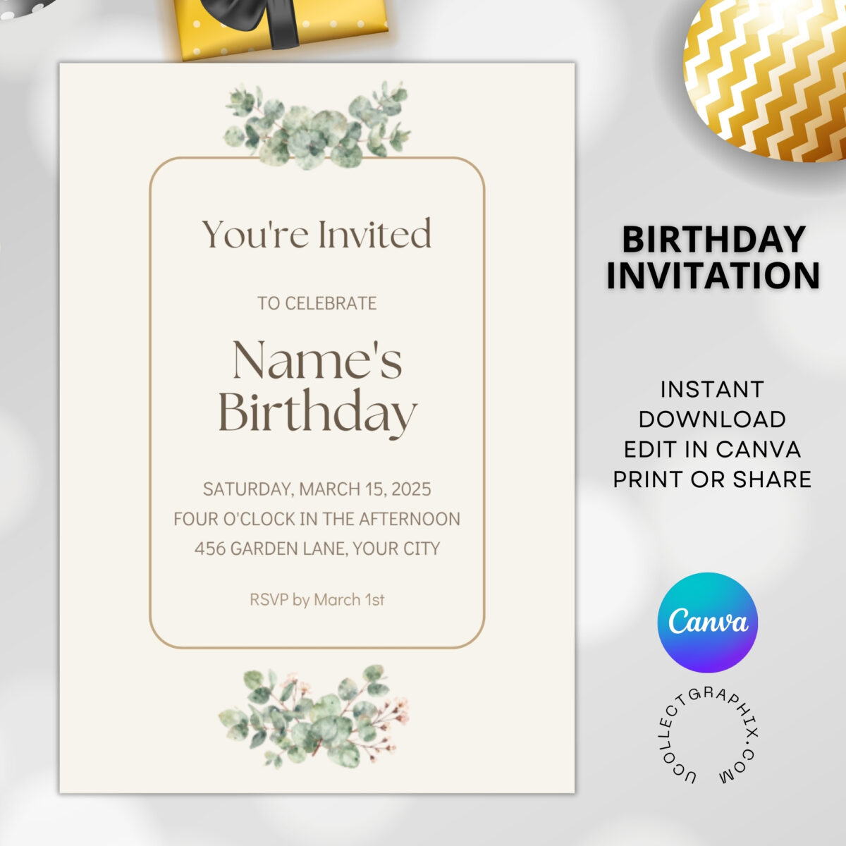 Editable Minimalist Birthday Invitation Template | Neutral Greenery Birthday Invite | Canva Editable | BDINVITE-004