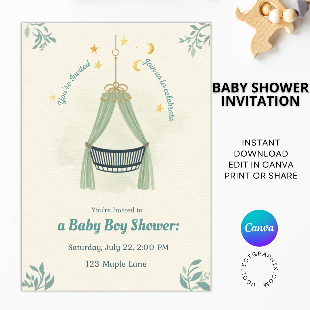 Editable Baby Boy Shower Invitation Canva Template | Neutral Green Baby Shower Invite Printable | Crib Moon Stars Theme | BSINVITE-003