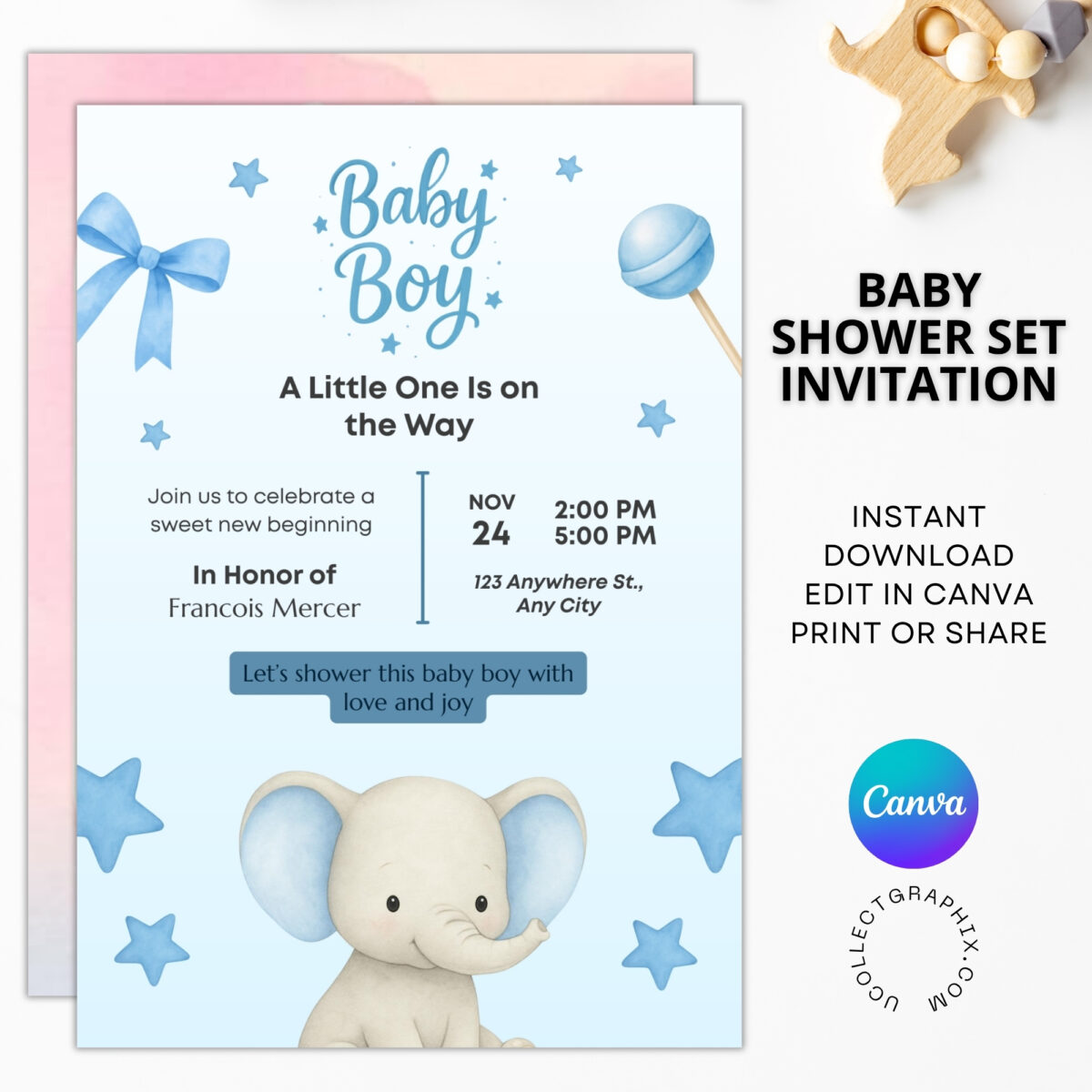 Editable Baby Shower Invitation Bundle Set of 2 (Girl & Boy) Canva Template | Pink & Blue Baby Shower Invite | Instant Download | BDLINVITE-001