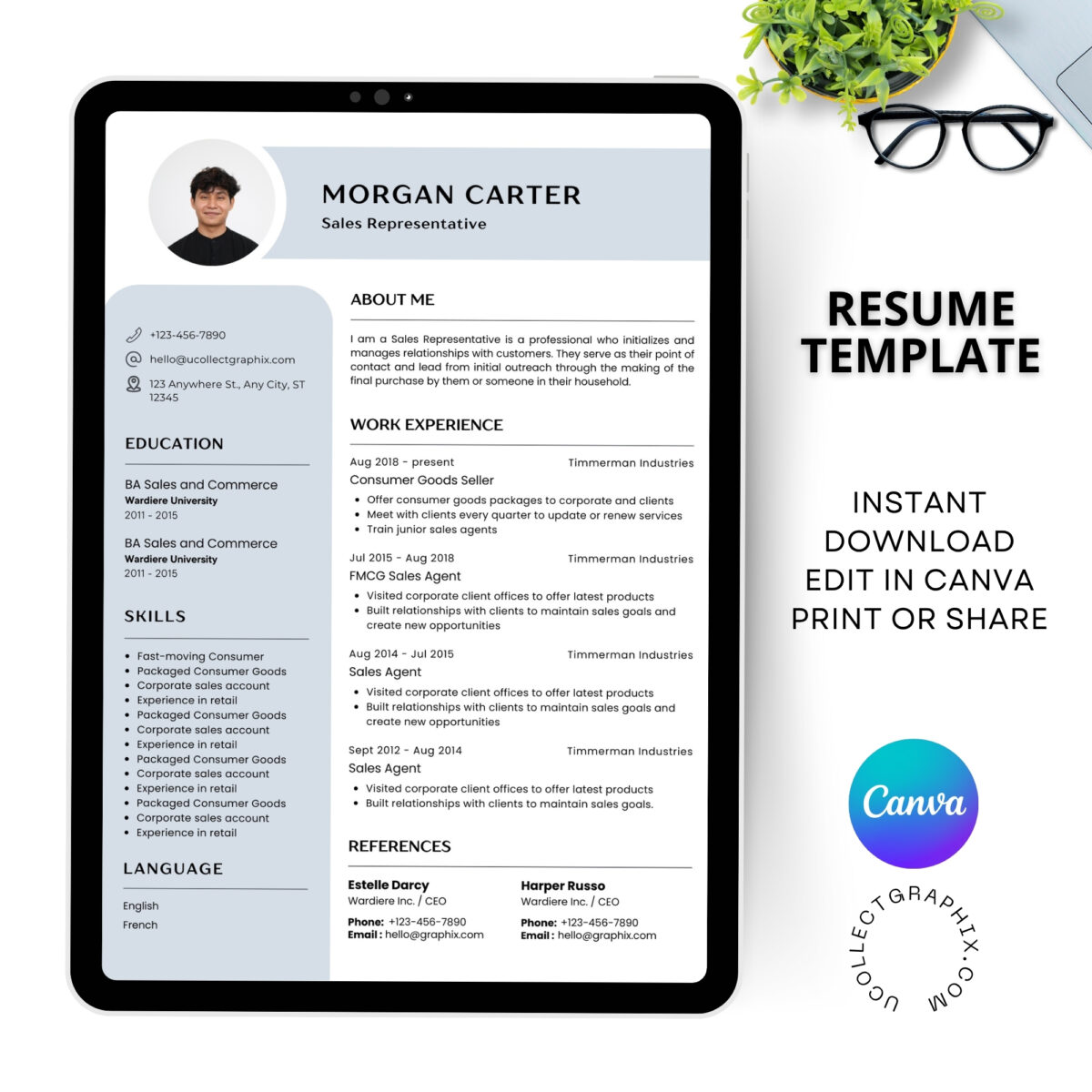 Professional Sales Resume Template | 1 & 2 Page Canva Editable CV with Photo | A4 & US Letter Size | CV-004
