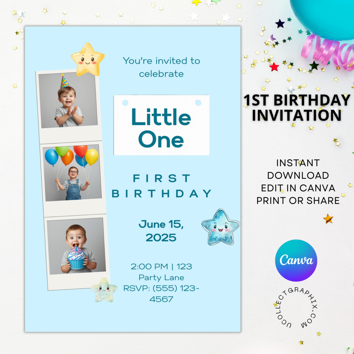 Editable First Birthday Invitation Template for Boy | Little One Birthday Invite Canva Template | Printable Blue First Birthday Party Invitation | 1BINVITE-004