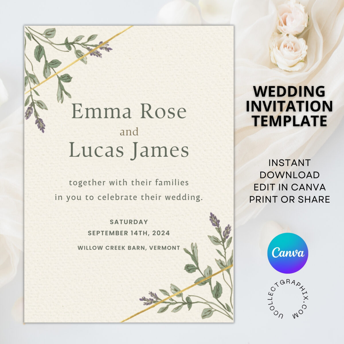 Editable Wedding Invitation Template | Minimalist Floral Wedding Invite Canva Template | Printable Rustic Wedding Invitation | WEDINVITE-003
