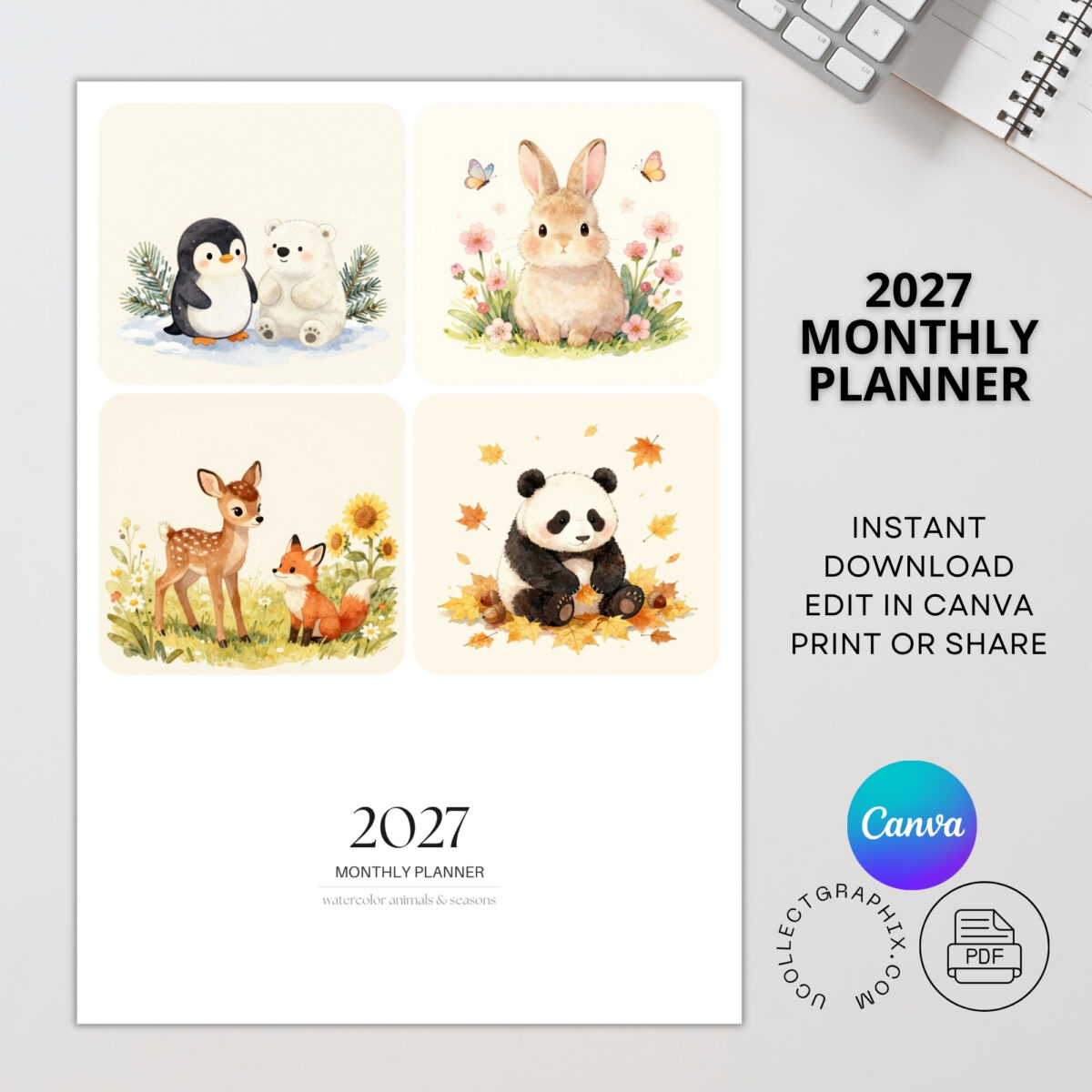 Editable 2027 Monthly Planner Calendar Canva Template | Animals & Seasons Monthly Planner | CAL2027-004