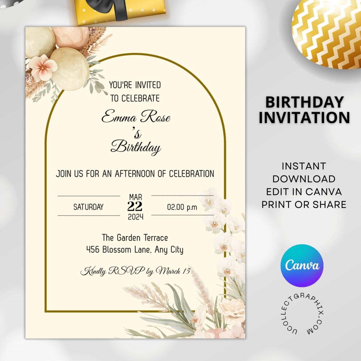 Editable Birthday Invitation Template Canva | Neutral Floral Birthday Invite | Boho Birthday Party Invitation | Printable Birthday | BDINVITE-003
