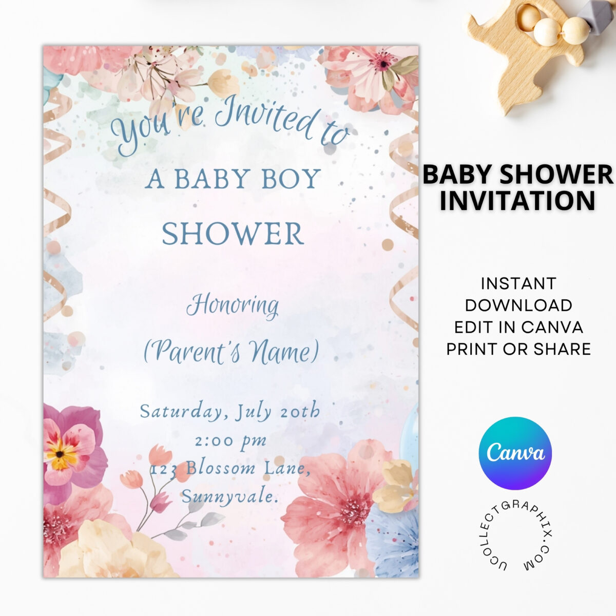 Editable Baby Boy Shower Invitation Canva Template | Floral Baby Shower Invite Printable | Watercolor Flowers Baby Invite | BSINVITE-004