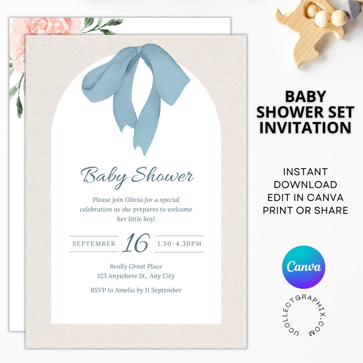 Editable Baby Shower Invitation Bundle Set of 2 Canva Templates | Baby Boy & Girl Invite | Neutral Blue Bow & Floral Design | BDLINVITE-002