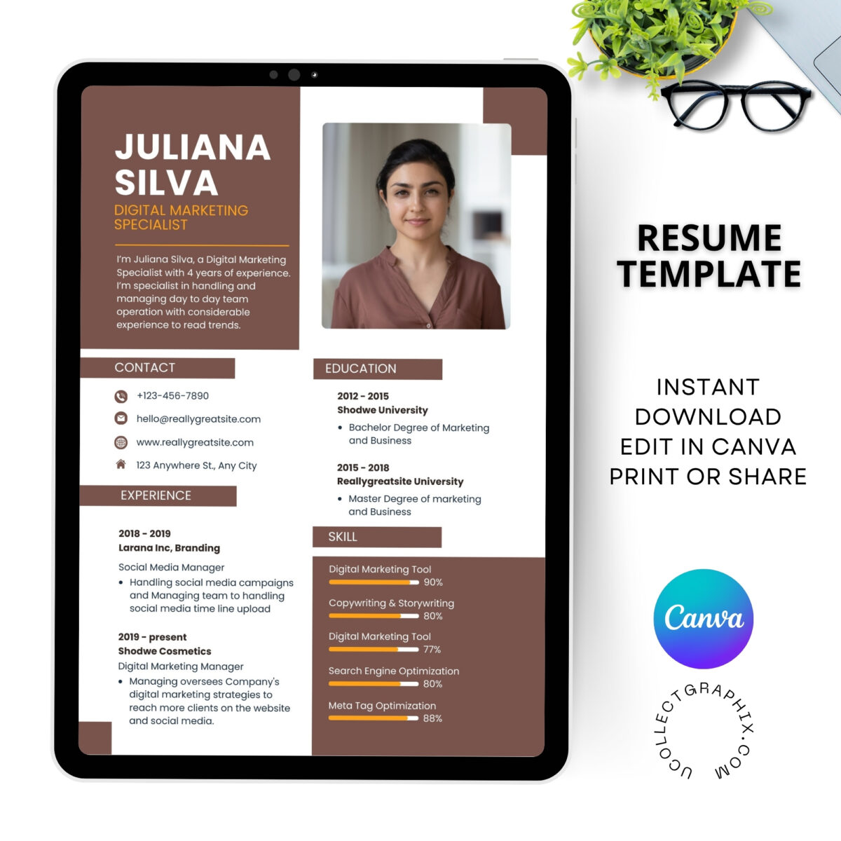 Professional Marketing Resume Template with Photo | 1 & 2 Page Canva CV Template | Editable Modern Resume | CV-005