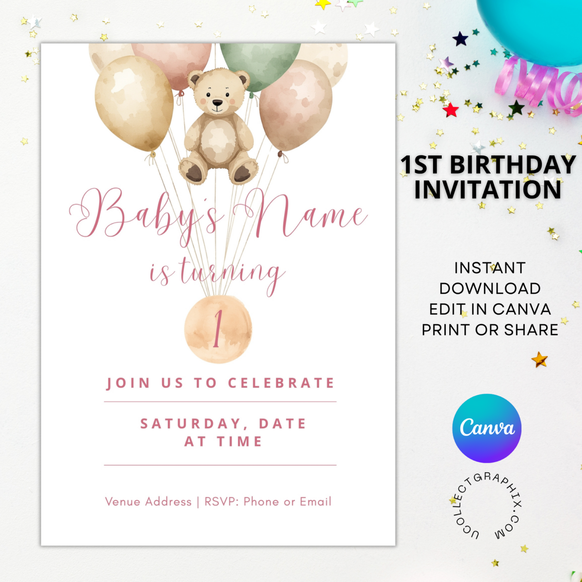 Editable First Birthday Girl Invitation Template | Teddy Bear Balloons Invite | Pink Boho 1st Birthday Canva Template | Printable Baby Girl Party Invite | 1BINVITE-005