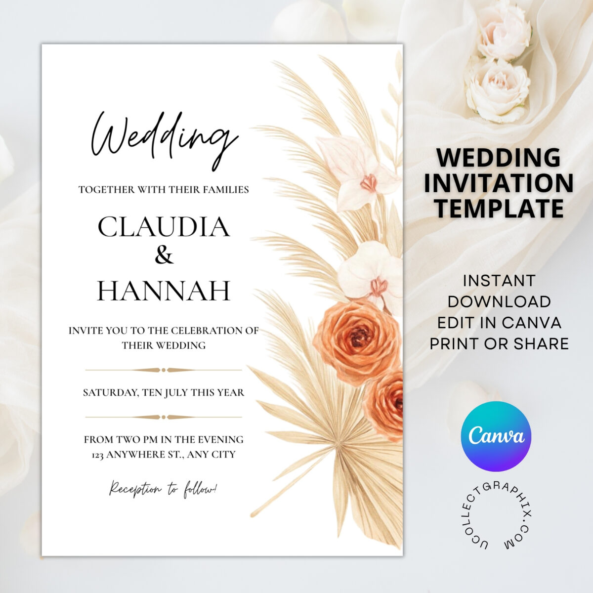 Editable Wedding Invitation Template | Terracotta Boho Floral Wedding Invite | Minimalist Elegant Canva Template | Modern Neutral Wedding Invitation | WEDINVITE-002