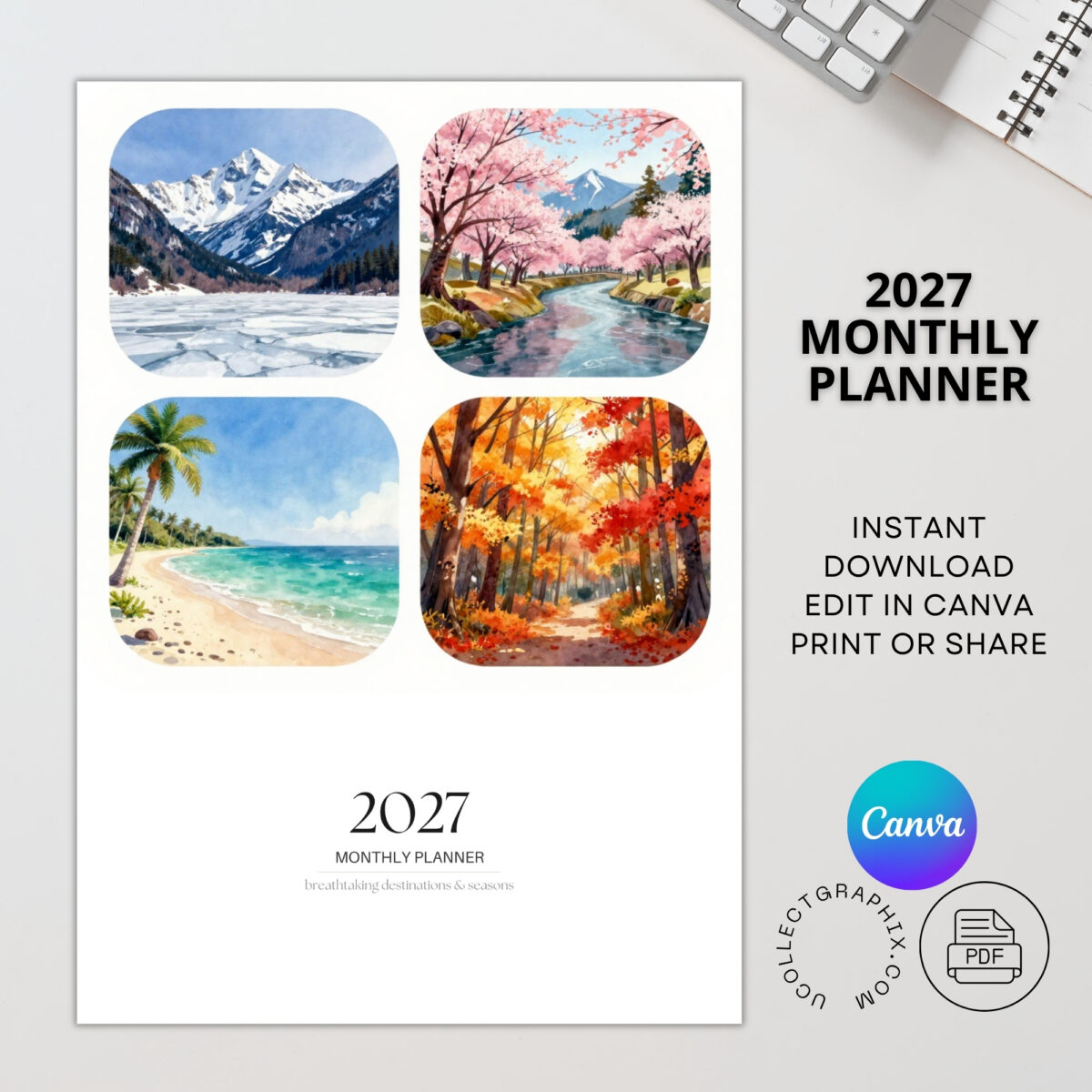 Editable 2027 Monthly Planner Calendar Canva Template | Travel Destinations & Seasons Planner | CAL2027-005