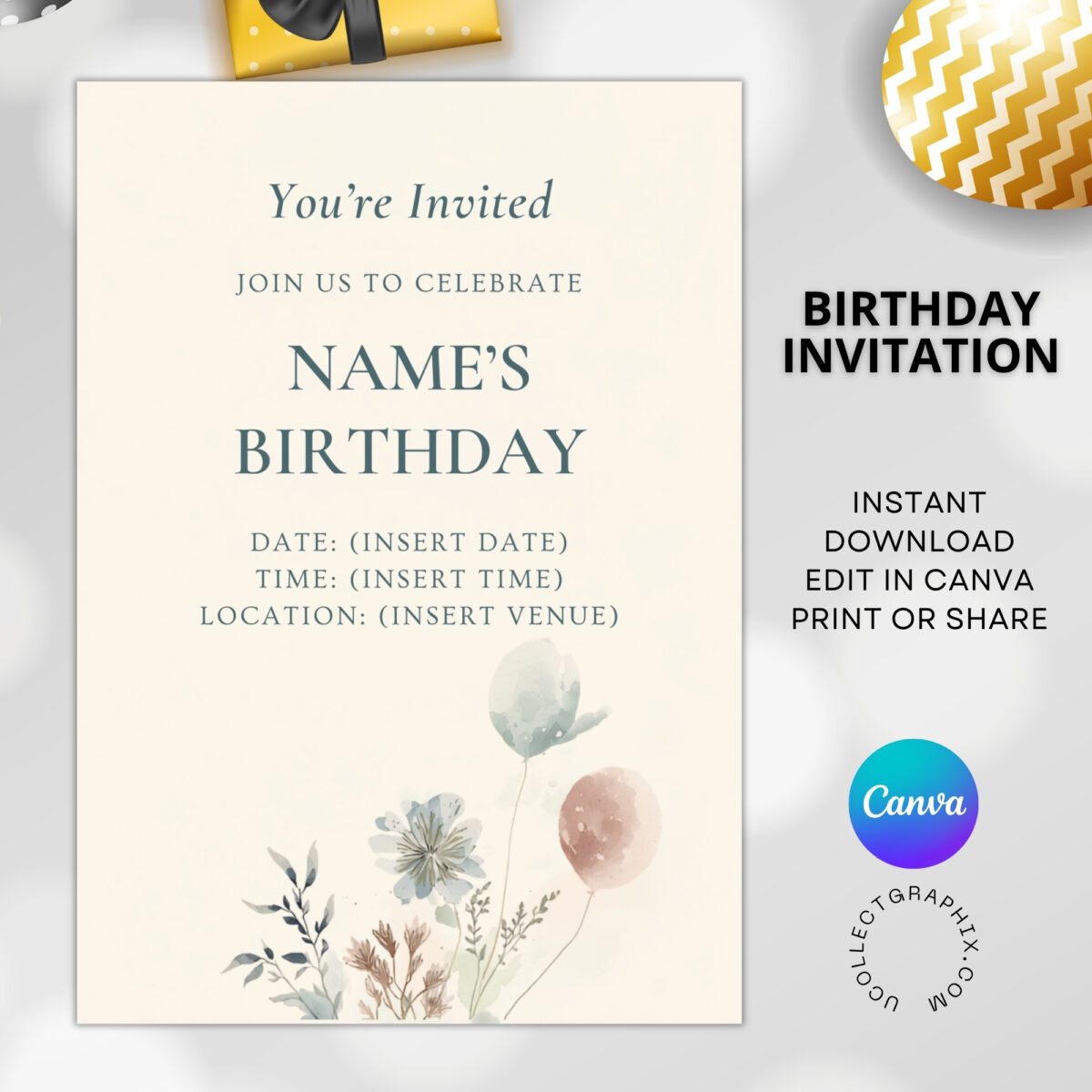 Editable Minimalist Birthday Invitation Template | Watercolor Floral Birthday Party Invite | Printable Canva Template | BDINVITE-002