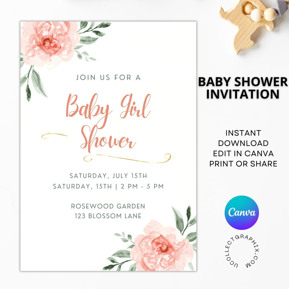 Editable Baby Girl Shower Invitation Template | Floral Baby Shower Invite | Pink Boho Baby Shower, Canva Template | BSINVITE-005