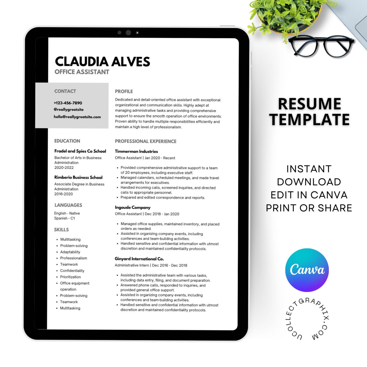 Professional Assistant Resume Template | 1 & 2 Page Canva CV Template | Editable Modern Resume | ATS-Friendly | CV-006