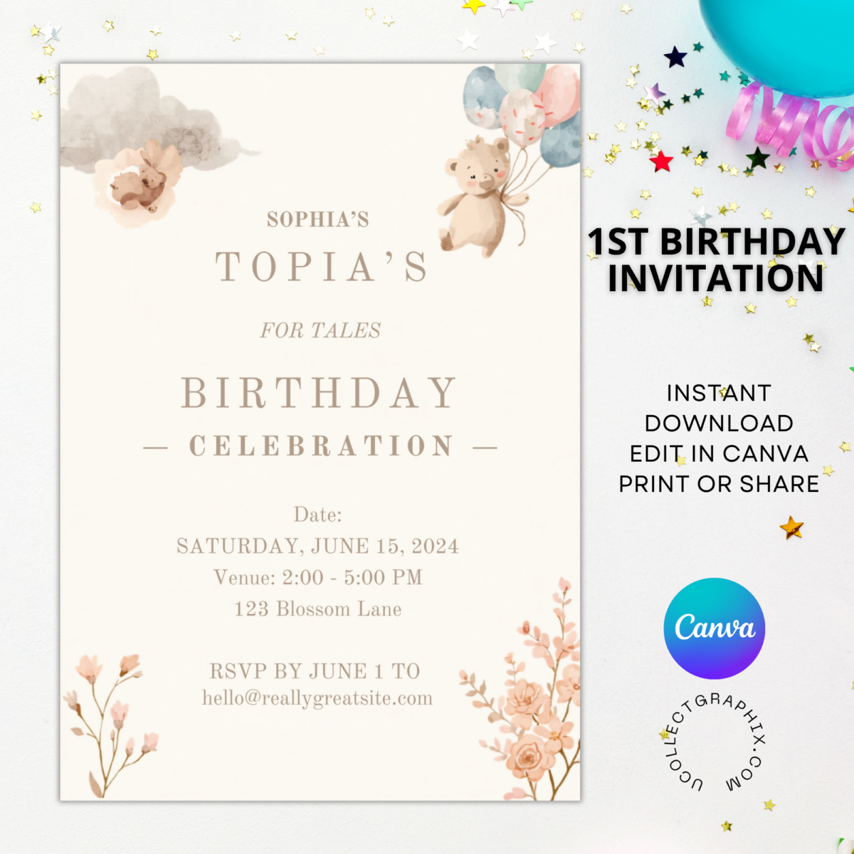 Editable First Birthday Girl Invitation Template | Teddy Bear Floral Balloons Invite | Boho Baby Girl 1st Birthday Canva Template | Printable Birthday Invite | 1BINVITE-006