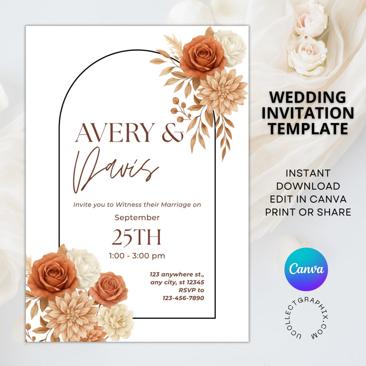 Editable Wedding Invitation Template | Terracotta Floral Wedding Invite | Boho Arch Canva Template | Modern Rustic Wedding Invitation | WEDINVITE-001