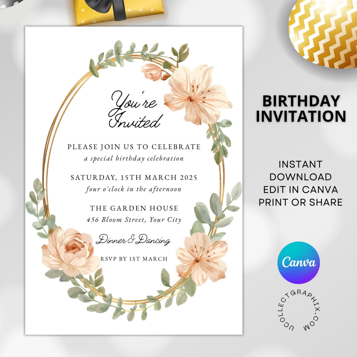 Editable Floral Birthday Invitation Template | Elegant Watercolor Birthday Party Invite | Printable Canva Template | BDINVITE-001