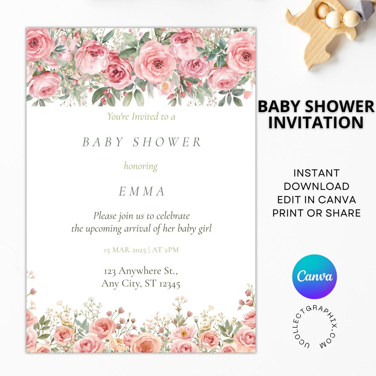 Editable Baby Girl Shower Invitation Template | Floral Pink Baby Shower Invite | Canva Template Printable | BSINVITE-008
