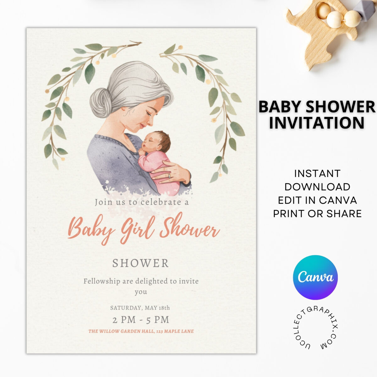 Editable Baby Girl Shower Invitation Template | Mom & Baby Illustration Invite | Neutral Floral Canva Template Printable | BSINVITE-007
