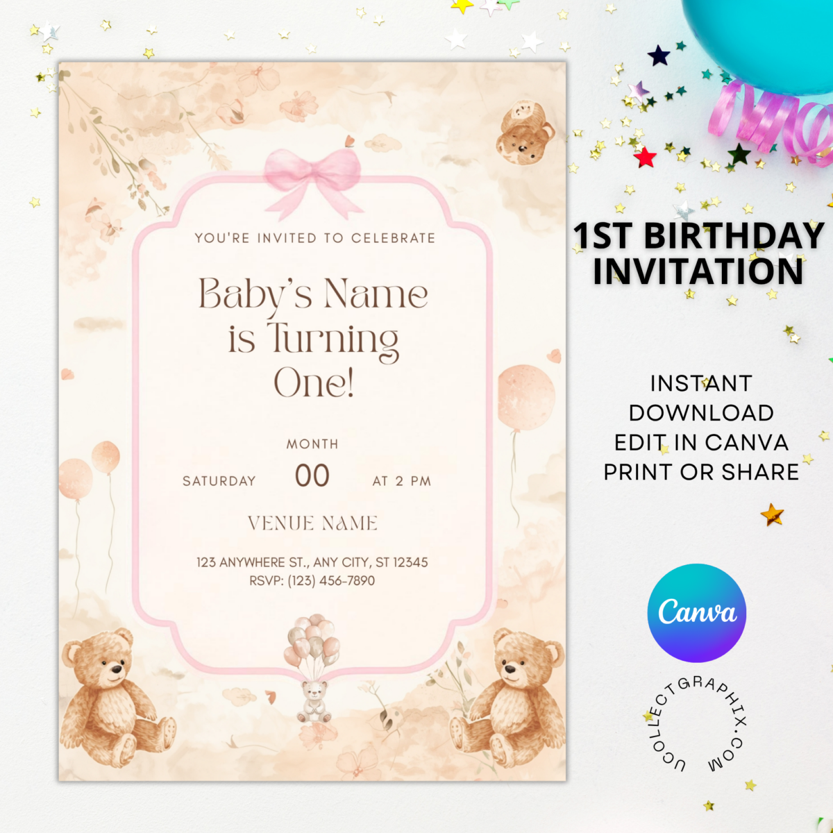 Editable First Birthday Girl Invitation Template | Teddy Bear Pink Bow Birthday Invite | Canva Template | 1BINVITE-007