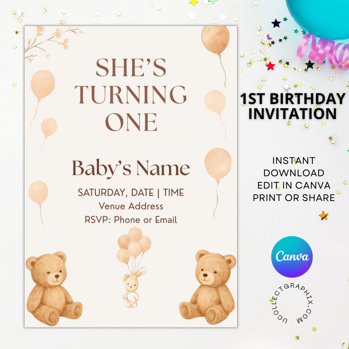 Editable First Birthday Girl Invitation Template | Teddy Bear Birthday Invite Canva Template | Neutral Beige Balloon Party Invitation | 1BINVITE-008