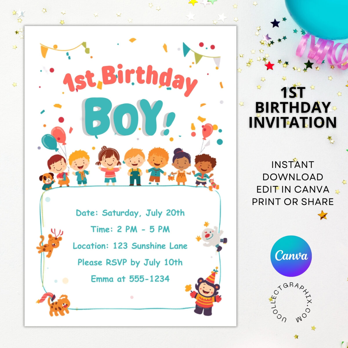 Editable First Birthday Boy Invitation Canva Template | Cute Kids Party Invite, 1st Birthday Boy Card, Printable & Digital | 1BINVITE-002