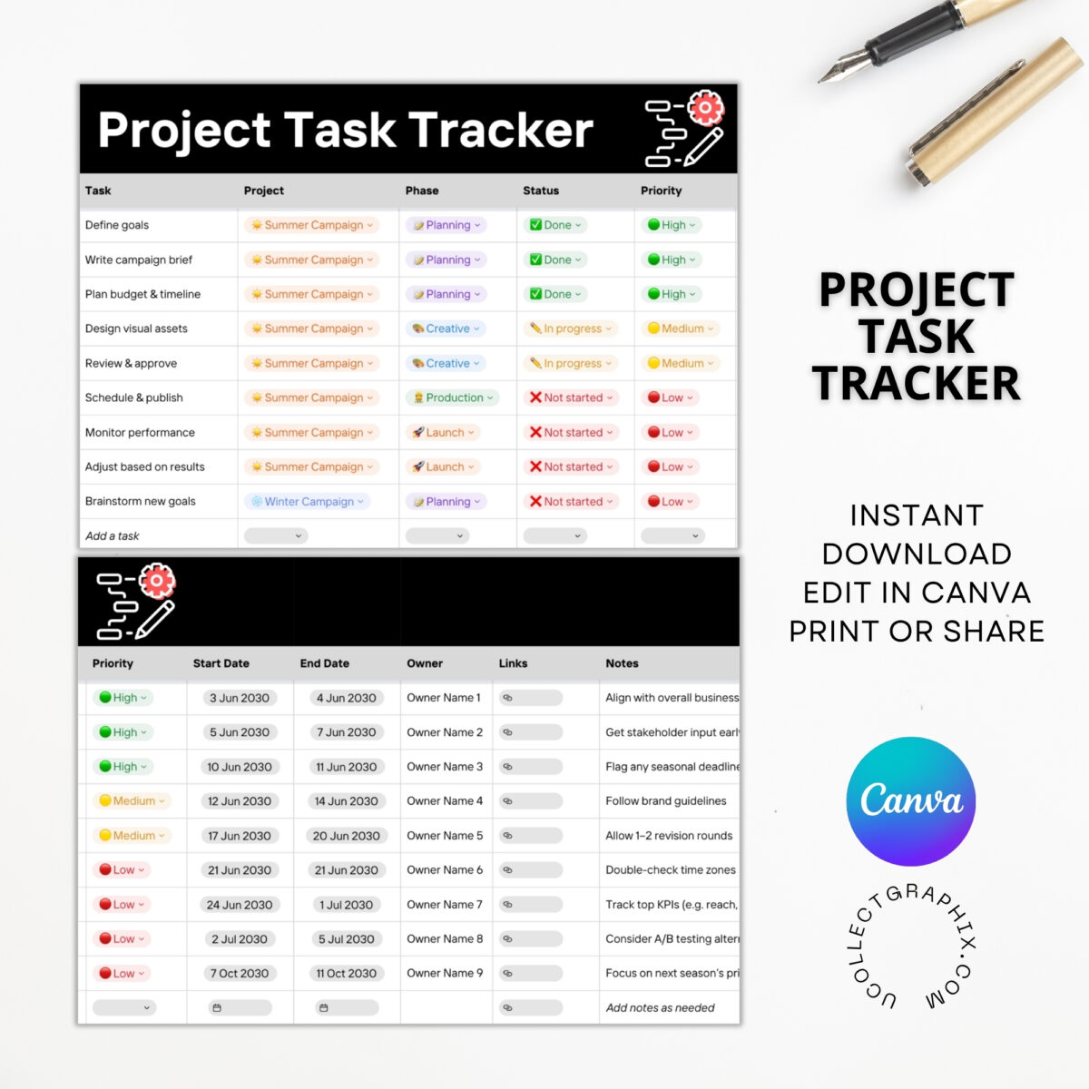 Editable Project Task Tracker Excel Template Canva | Project Management Planner | Phase Status Priority Workflow Spreadsheet | TRAC-011-01