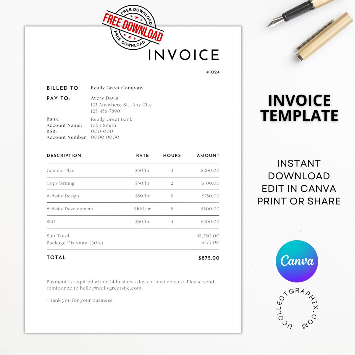 FREE Invoice Canva Template – Editable Professional Invoice | Instant Download | Invoice-002