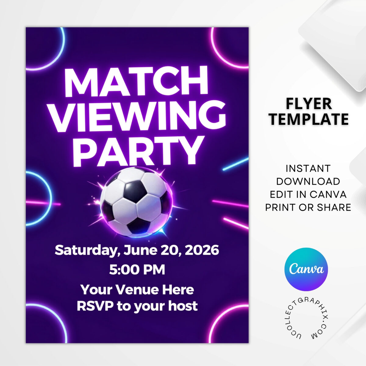 Editable Soccer Match Viewing Party Flyer Canva Template | Purple Electric Football Watch Party Invitation | Soccer Match Night Event Flyer | MVPFLYER-002