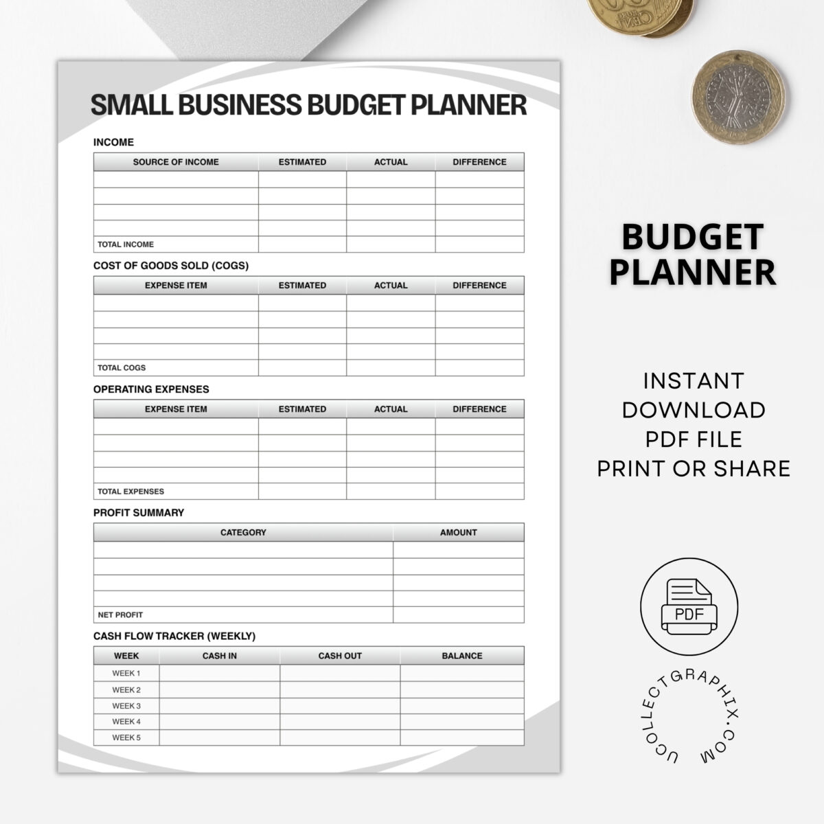 Small Business Budget Planner Printable | Business Budget Template | Income, Expenses, Profit & Cash Flow Tracker | BUDGET-002-01