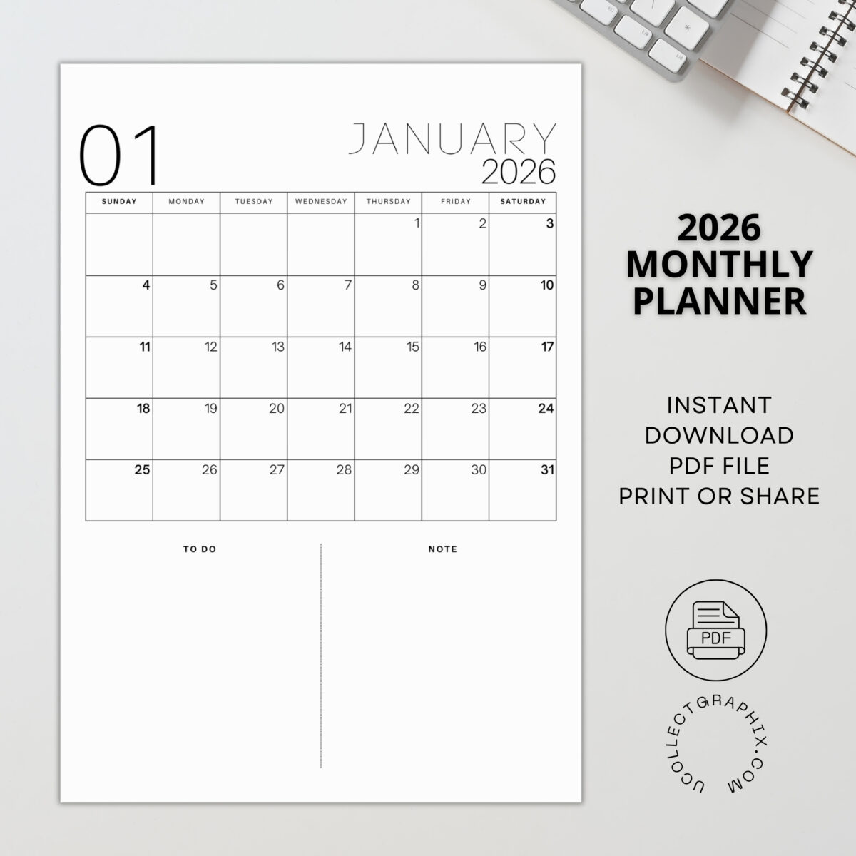 2026 Daily Planner Printable | To-Do List & Notes | Minimal & Functional Design | PLADAY2026-001-04