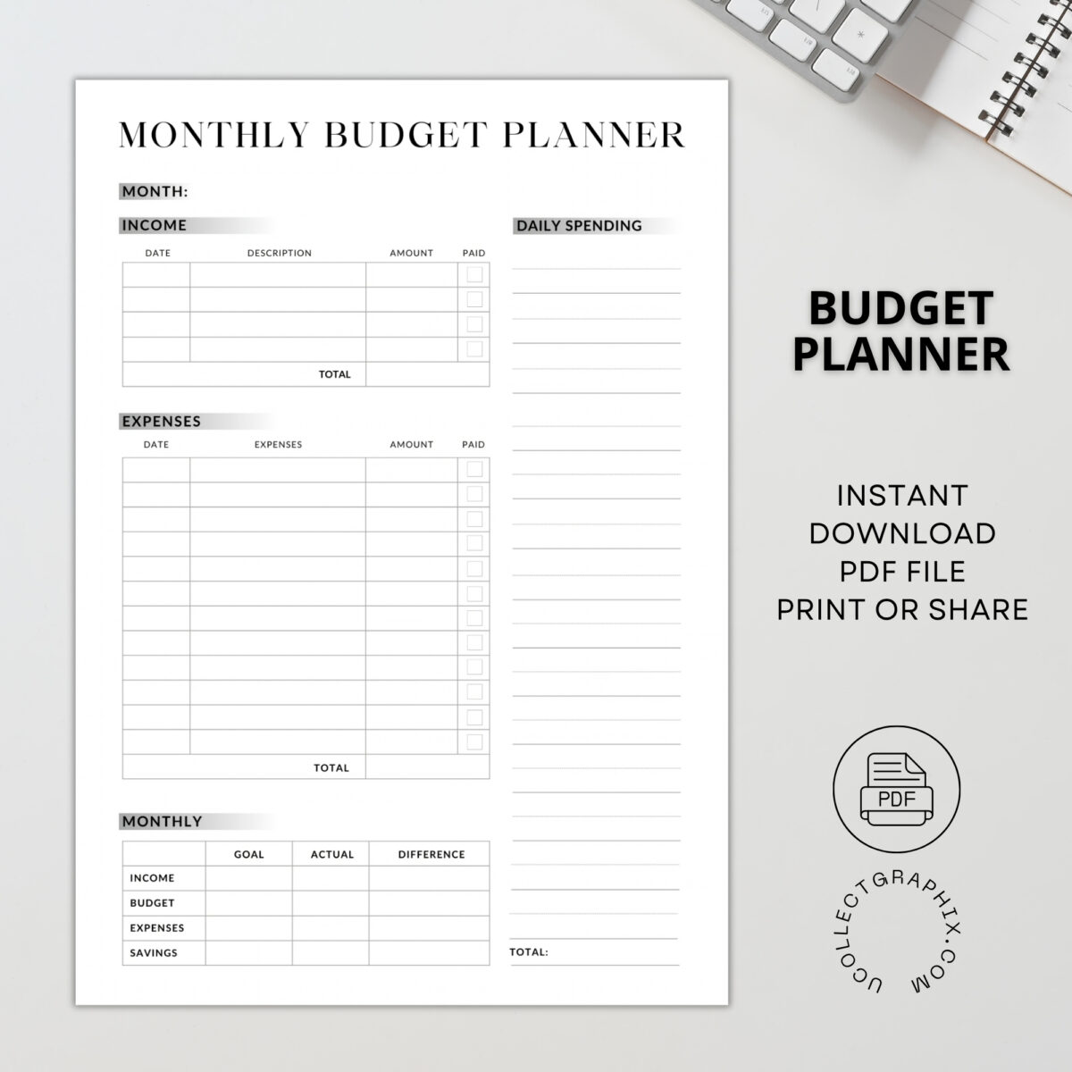 Monthly Budget Planner Printable | Income, Expenses & Daily Spending Tracker | Monthly Goal vs Actual Budget | BUDGET-001-01