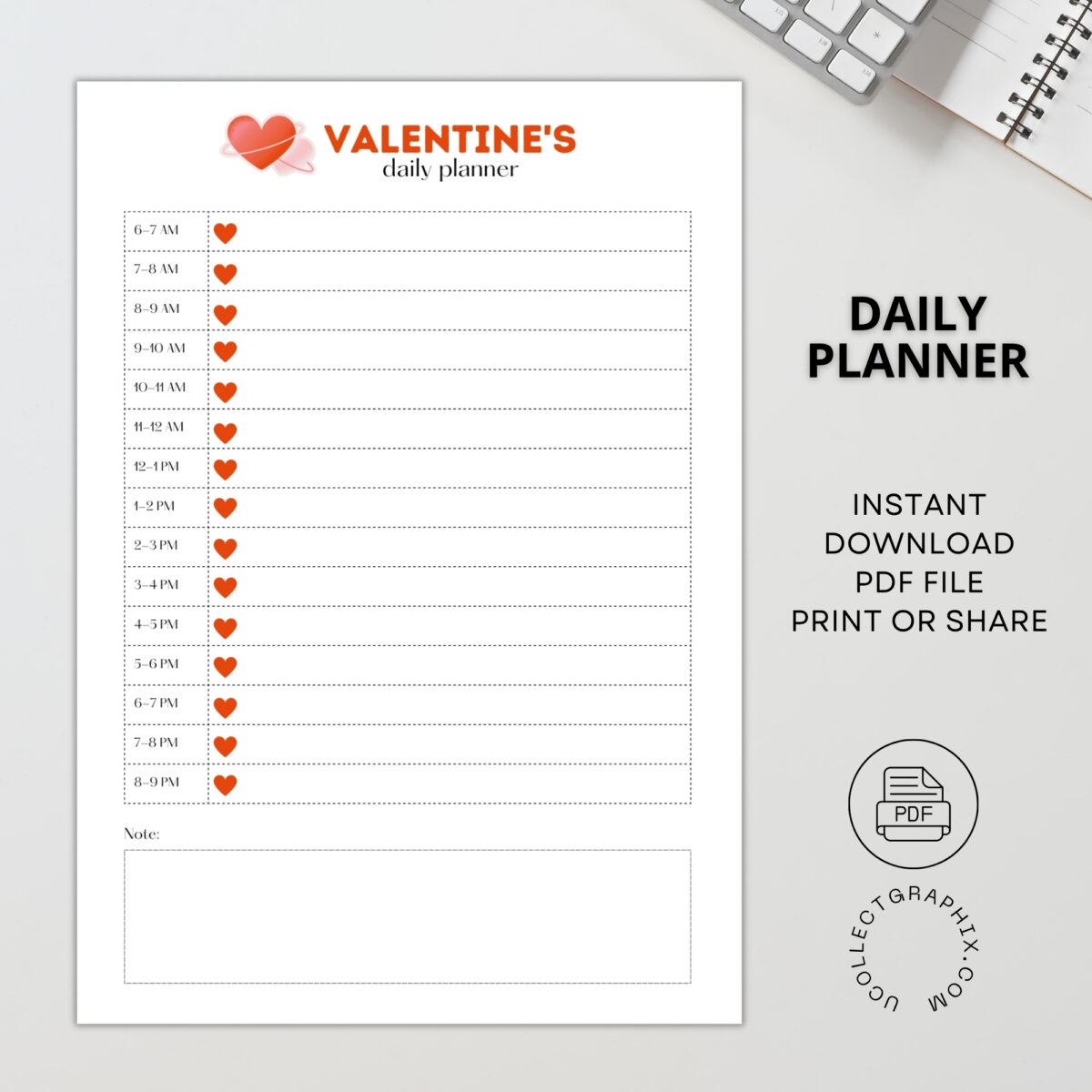 Printable Valentine’s Daily Planner (6AM–9PM) – Hourly Schedule with Notes | PLADAY-004-01