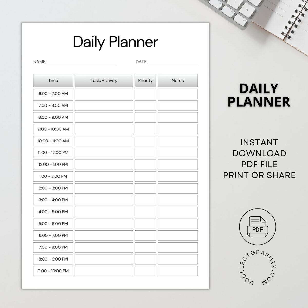 Printable Daily Planner (6AM–10PM) – Hourly Schedule with Tasks, Priority & Notes | PLADAY-005-01