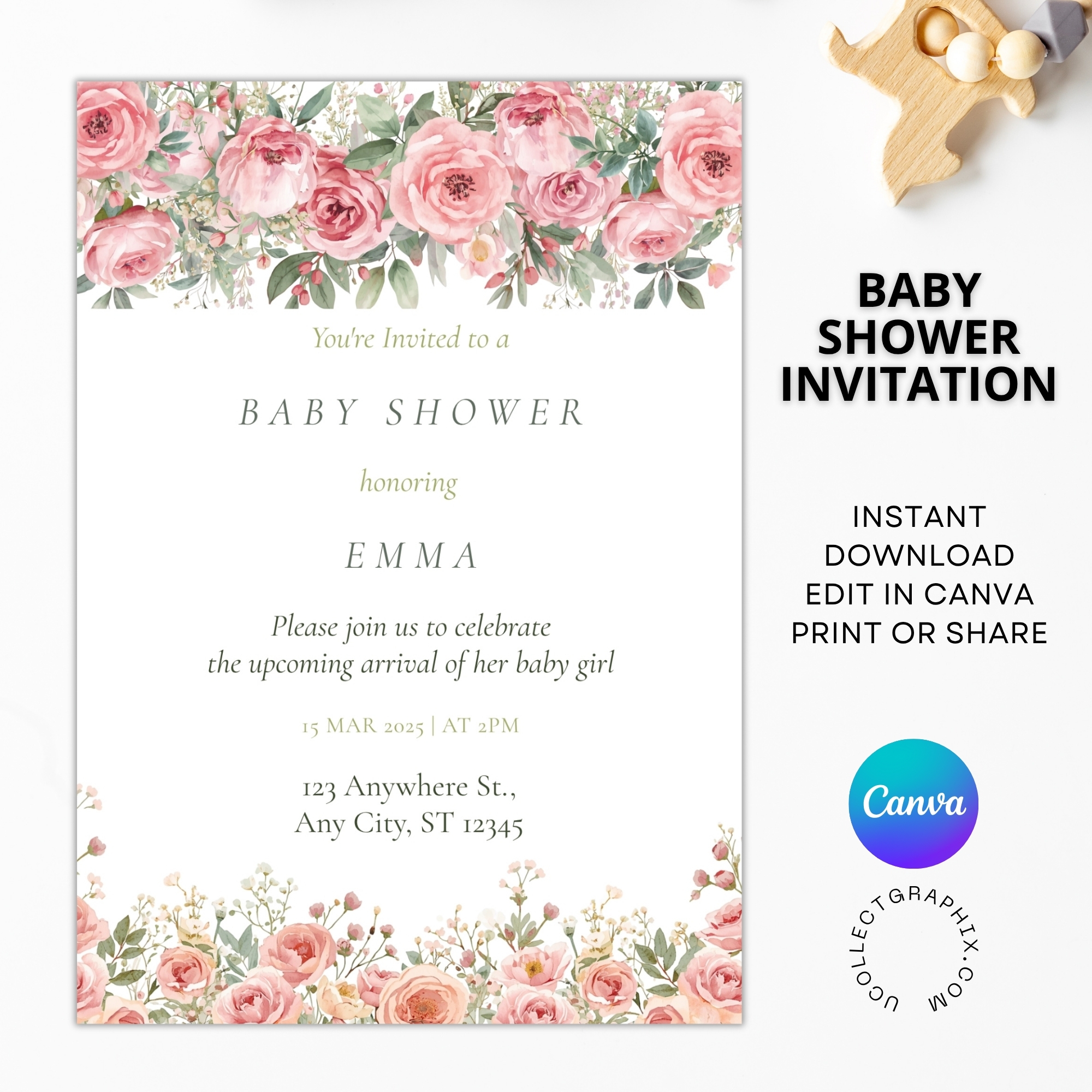 Editable Baby Girl Shower Invitation Template | Floral Pink Baby Shower Invite | Canva Template Printable | BSINVITE-008