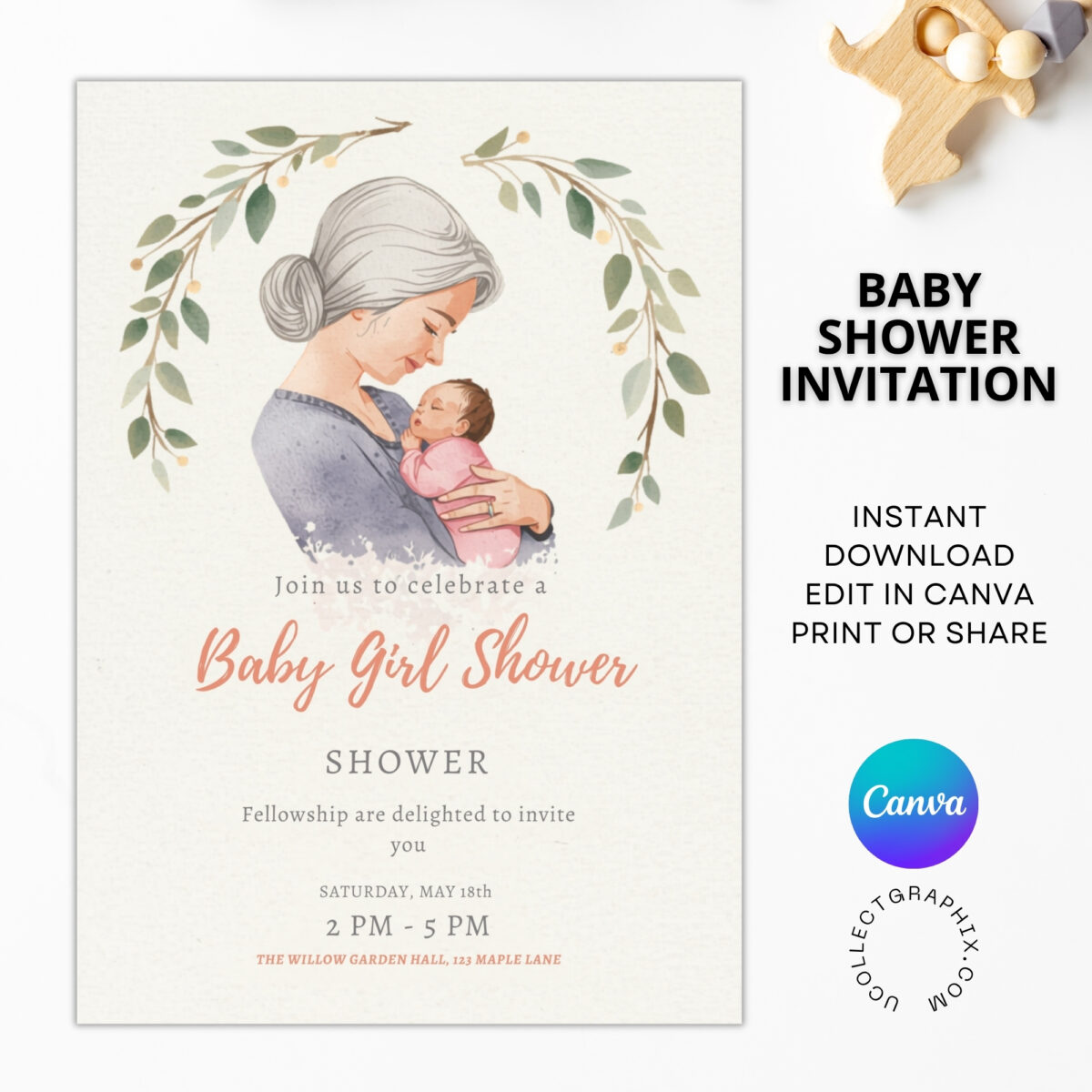 Editable Baby Girl Shower Invitation Template | Mom & Baby Illustration Invite | Neutral Floral Canva Template Printable | BSINVITE-007
