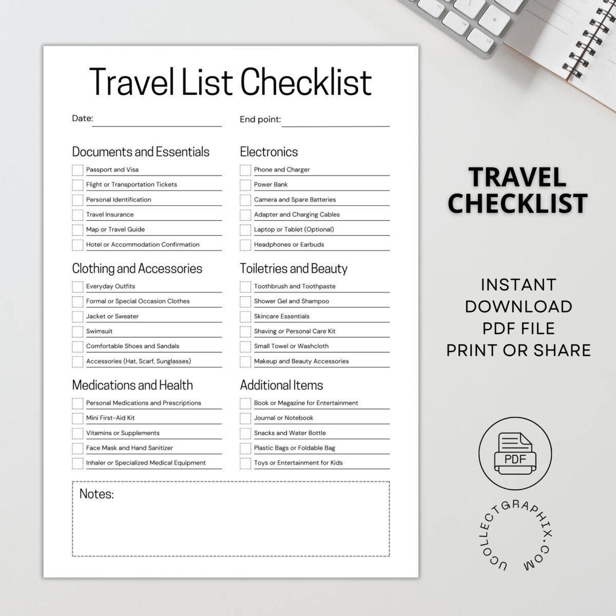 Printable Travel List Checklist – Complete Packing List with Documents, Electronics, Clothing, Toiletries & Essentials | TRAV-003-01