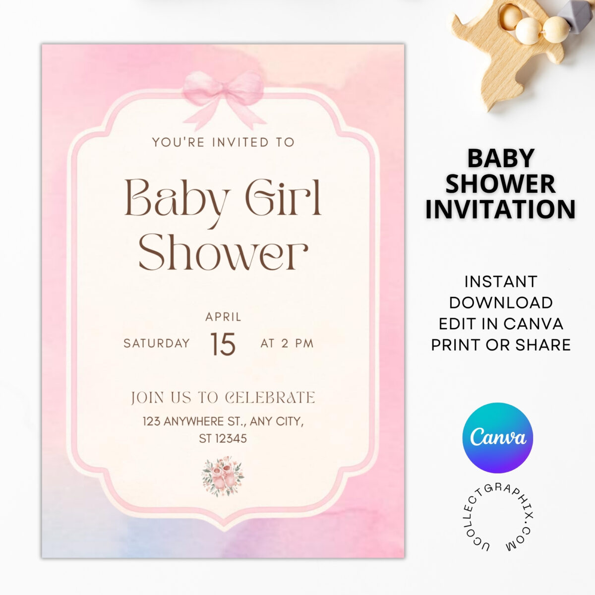 Elegant Baby Girl Shower Invitation Template | Pink Watercolor Bow Invite | Editable Canva Template Printable | BSINVITE-006