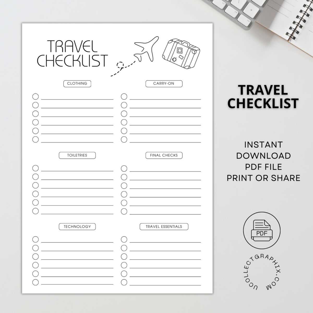 Printable Travel Checklist – Ultimate Packing List with Clothing, Carry-On, Toiletries & Travel Essentials | TRAV-002-01