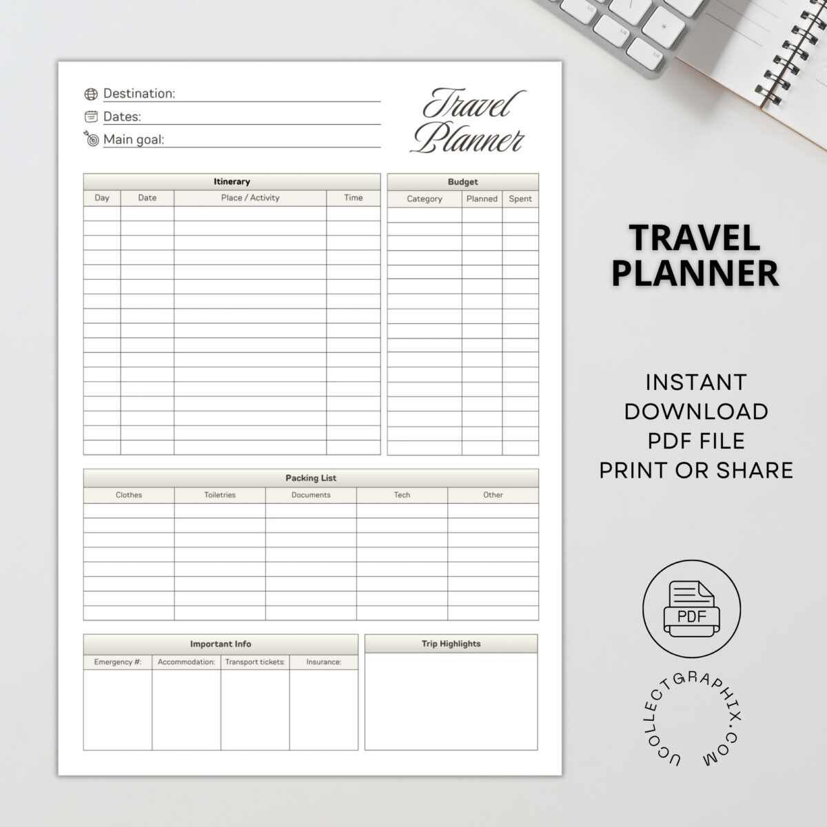 Printable Travel Planner | Trip Itinerary, Budget Tracker, Packing List & Travel Organizer | TRAV-001-01