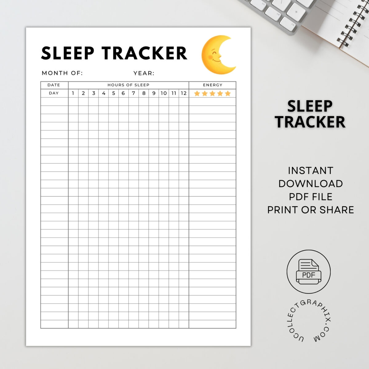 Sleep Tracker Printable | Daily Sleep Hours & Energy Level Log | TRAC-007-01