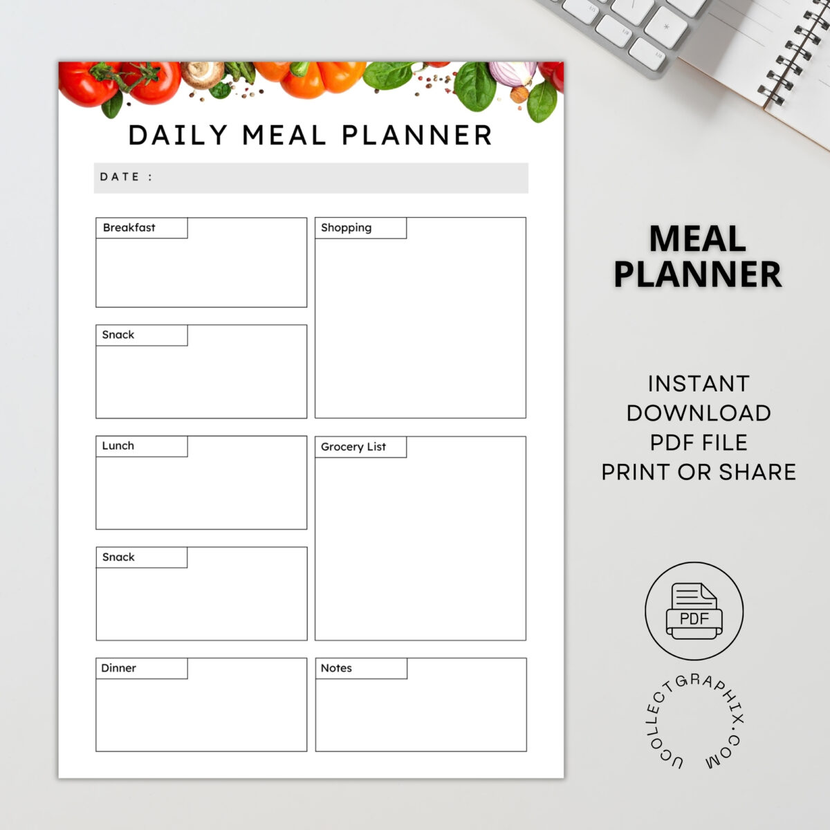 Daily Meal Planner Printable | Meals, Snacks, Grocery List & Notes | PDF Download | MEAL-002-01