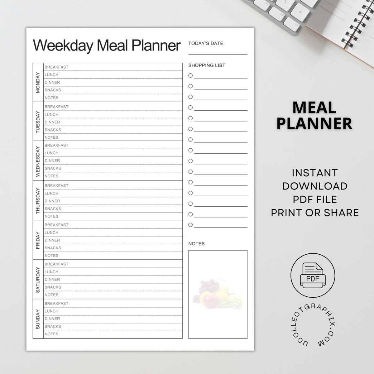Meal Planner Printable | Weekly Meals, Shopping List & Notes | MEAL-001-01