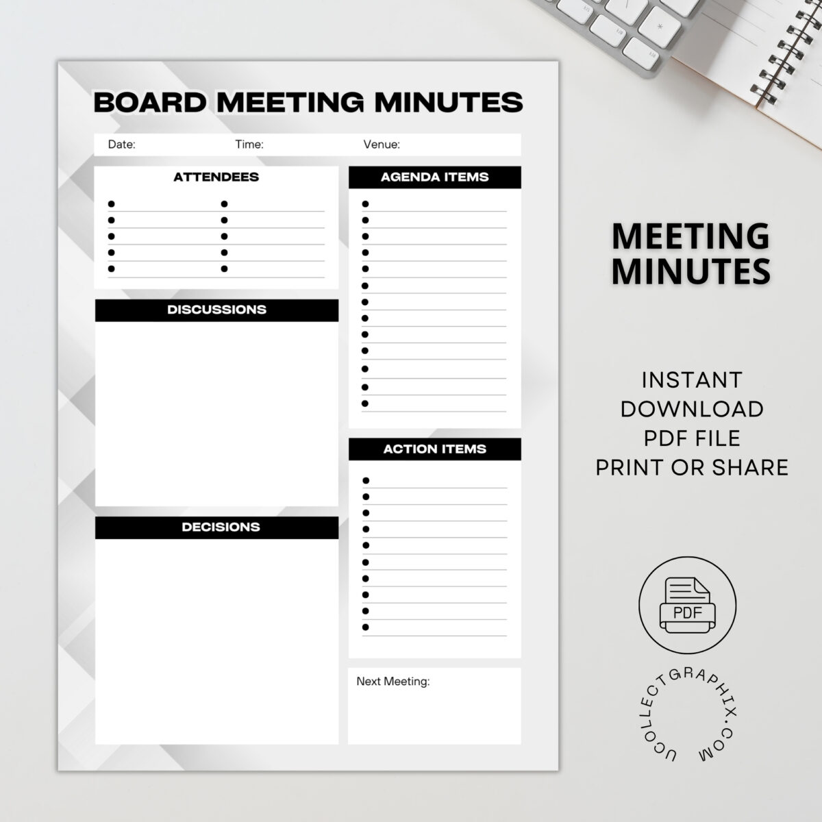 Board Meeting Minutes Printable | Professional Agenda, Decisions & Action Items Template | NOTES-002-01