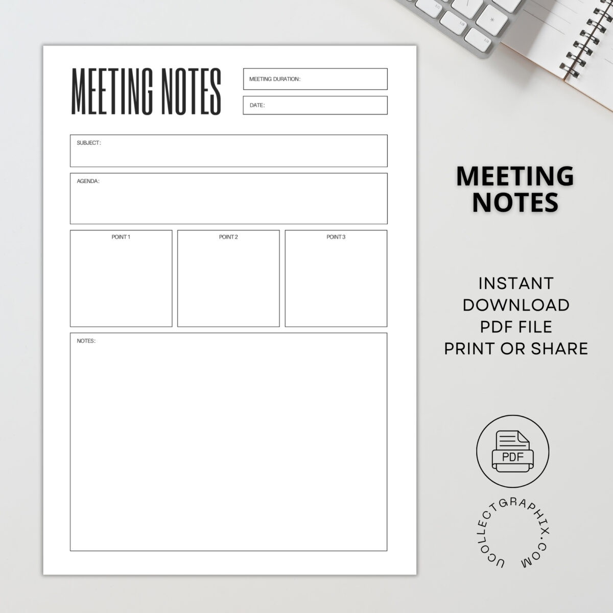 Printable Meeting Notes Planner | Subject, Agenda, Key Points & Notes | Instant Download | NOTES-001-01