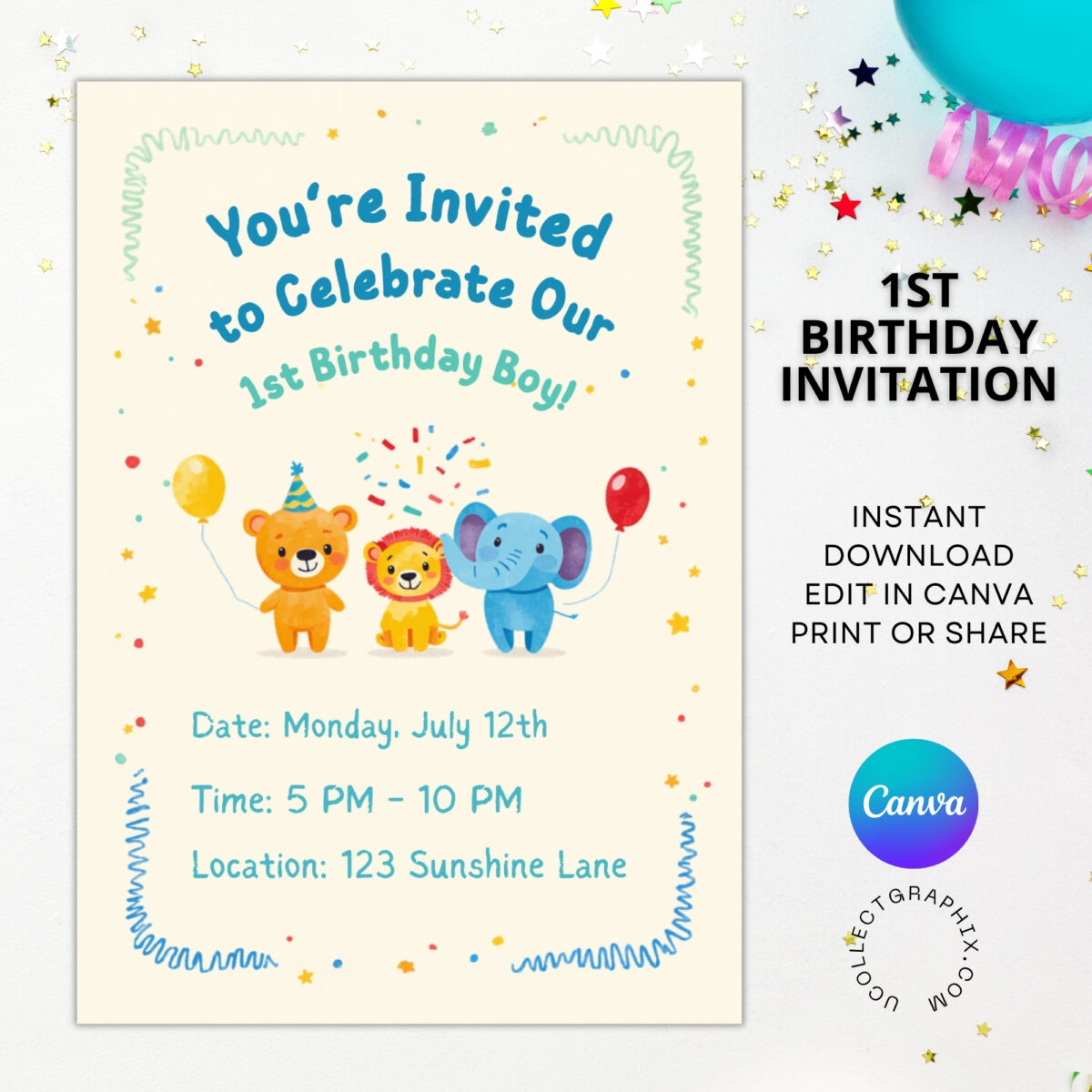 Editable First Birthday Boy Safari Invitation Canva Template | Cute Jungle Animals 1st Birthday Invite, Printable & Digital | 1BINVITE-003