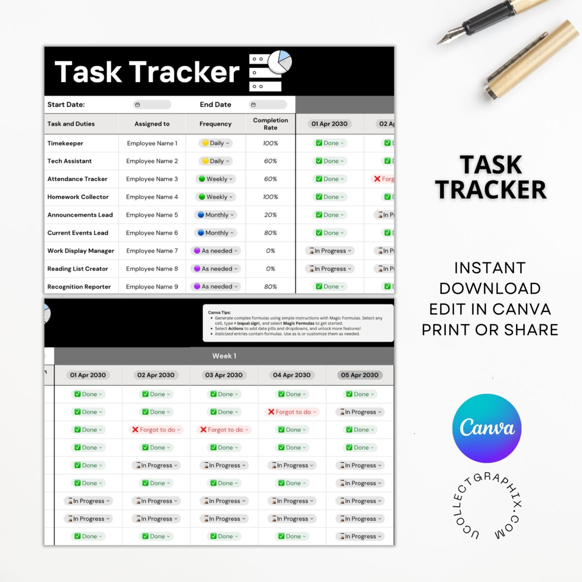 Editable Task Tracker Excel Template Canva | Employee Duty Tracker | Task Assignment & Frequency Planner | Productivity Spreadsheet | TRAC-010-01