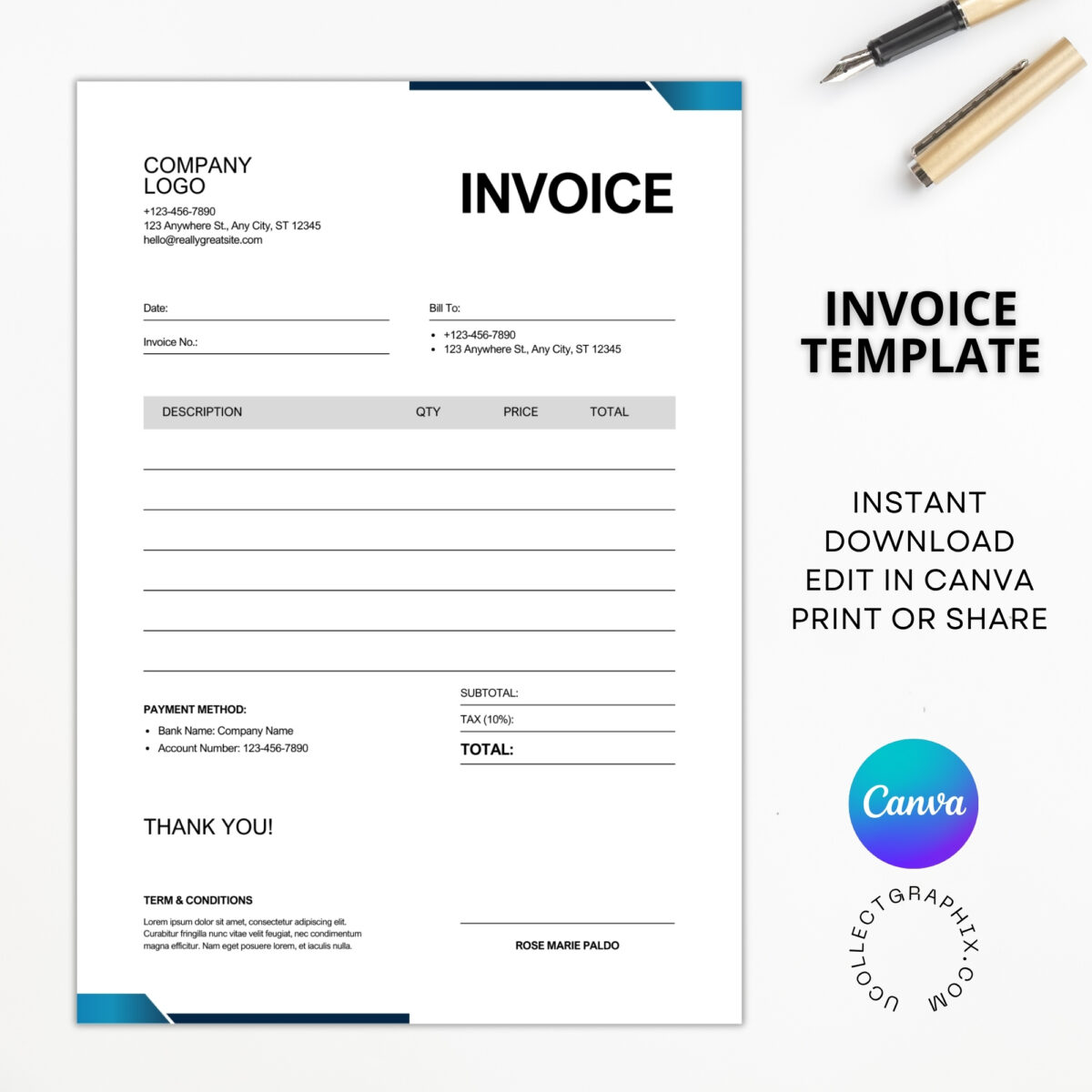 Fully Customizable Invoice Template | Professional Printable Invoice for Small Business | Invoice-001