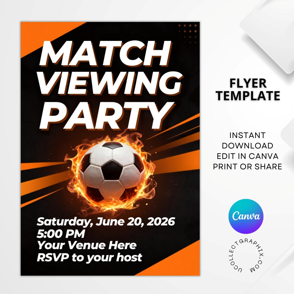 Editable Soccer Match Viewing Party Flyer Template | Orange Bold Football Watch Party Invitation | Canva Editable Sports Event Flyer | MVPFLYER-003