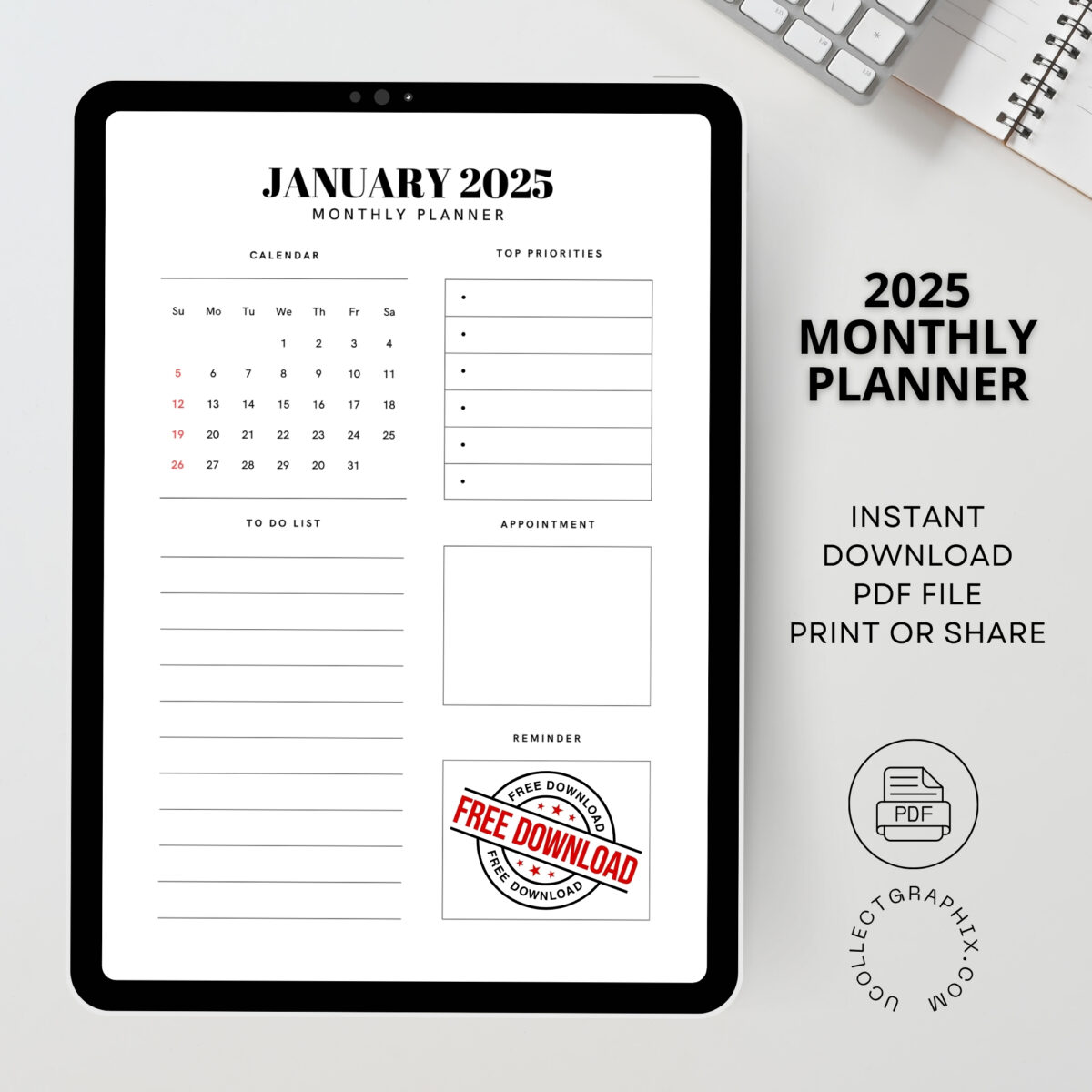 FREE Download Printable 2025 Monthly Planner | Calendar Organizer PDF | PLAMON2025-002