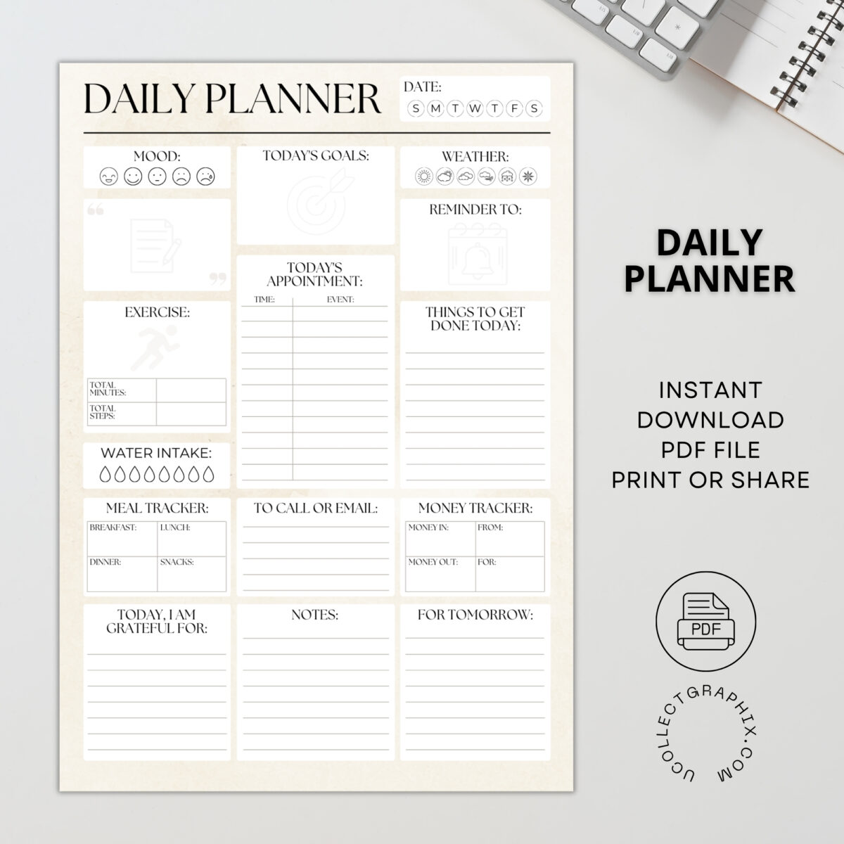 Printable Daily Planner | All-In-One Organizer PDF | PLADAY-002-01